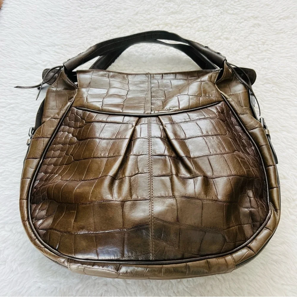 Francesco Biasia Italy Olive Crocodile Print Embossed Leather Large Bag